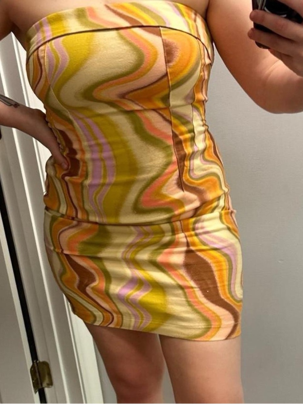 wild fable Strapless Swirl-Print Mini Dress in Yellow, Pink & Olive